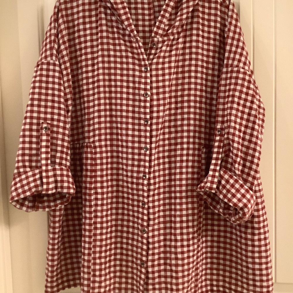 Easel Red And White Gingham Checked Button Up Top… - image 1